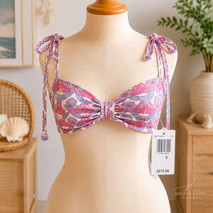 Juan de Dios San Miguel Bikini Top S Sky Blue Ivory Tie Strap NWT $215
